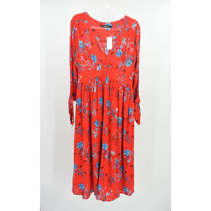 SugarLips Button Front V-Neck Long Sleeve Midi Dress Womens M Red Floral Crepe